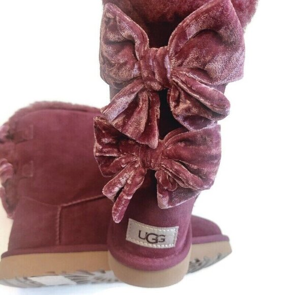 UGG Bailey Bow Crushed Velvet Suede Boots Womens Size 6 Wine Grape 1138171 - Picture 9 of 11